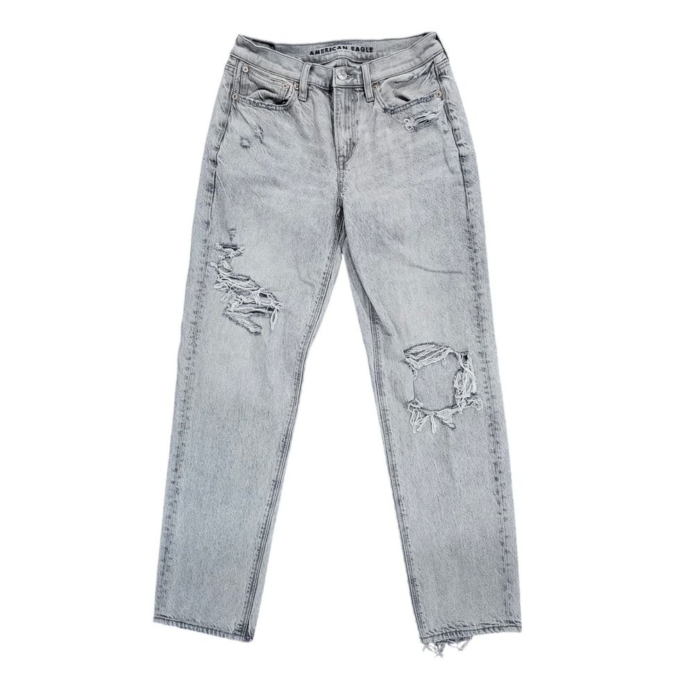 American Eagle 90s Straight Women 2 Gray Distressed Real Good Jeans High Rise‎